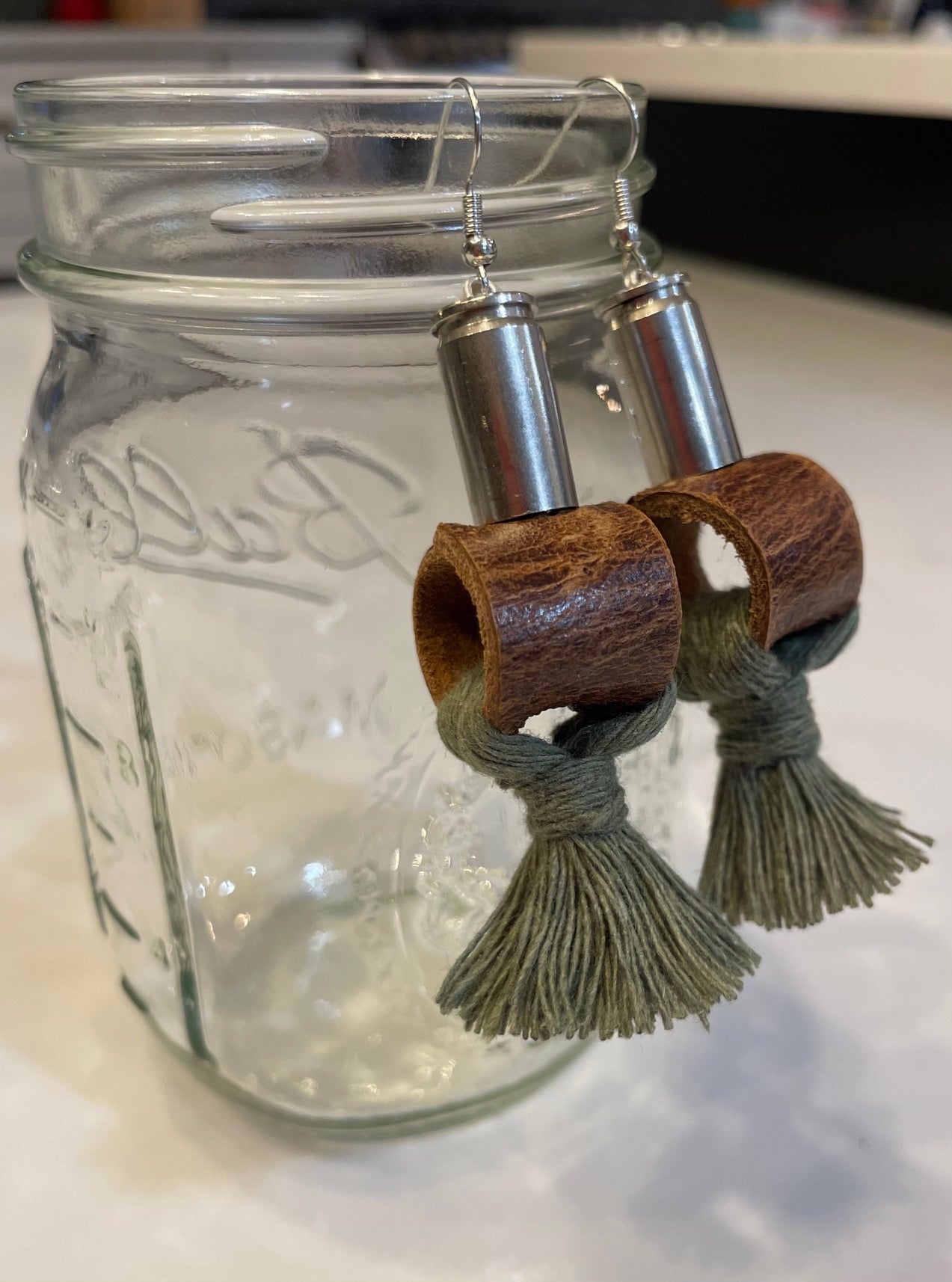 BULLET EARRINGS: Brown Leather & Green