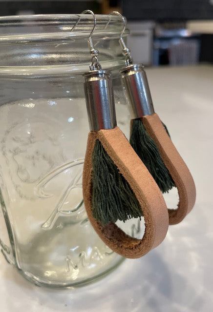 BULLET EARRINGS: Pale Pink Leather & dark green