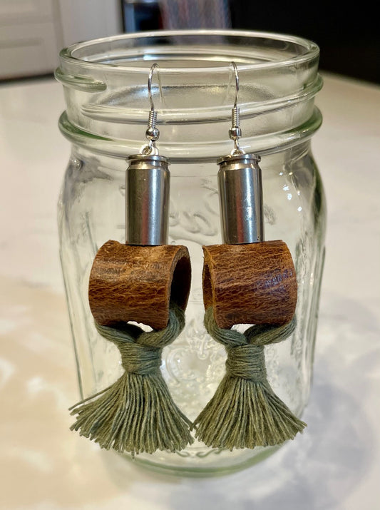 BULLET EARRINGS: Brown Leather & Green