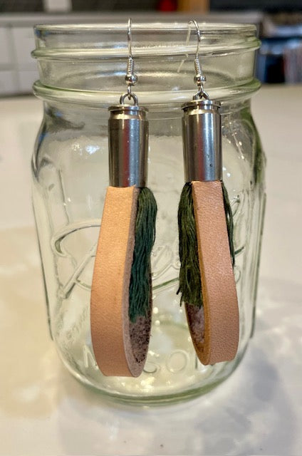 BULLET EARRINGS: Pale Pink Leather & dark green